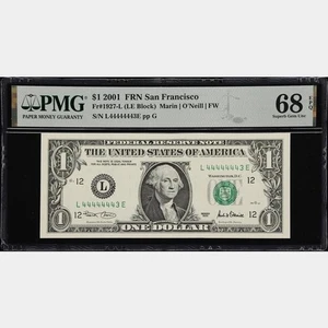 $1 2001 Fancy Serial Near Solid 7 Of a Kind 44444443 Fr. 1927-L PMG 68 UNC - Picture 1 of 3