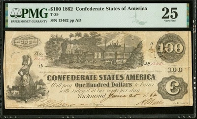 T-39 1862 $100 Confederate States SAN ANTONIO TX Civil War Banknote Currency PMG - Image 1 of 4