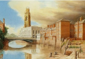 LINCOLNSHIRE BOSTON STUMP FROM BELOW TOWN BRIDGE. PICTURE IN MOUNT. J BANGAY - Picture 1 of 3
