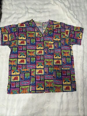 Peaches Uniforms Scrub Top Size L Short Sleeve Shirt Butterfly/ Ladybug Print - Image 1 of 4