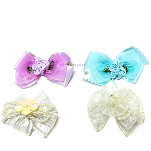 Fancy Girls Barrettes Bows Ribbon Flowers Beads White Blue Purple Lot of 4 - Picture 1 of 6