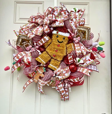 "Guirnalda de Navidad hecha a mano para hombre de pan de jengibre 24"" decoración de puerta de vacaciones | tema de caramelo" Foto 1 de 4