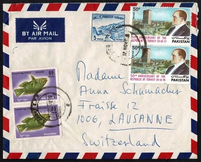 Pakistan 1970s Cover, to Lausanne, 50th Turkey Republic, Tilapia, Scenic Mix - Image 1 of 2
