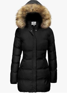 WenVen Winter Long Puffer Parka Coat, Faux Fur Removable Hood, Black, 3X, NWT - Picture 1 of 6