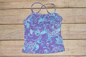 NWT LANDS' END GIRLS 4 PURPLE  WHITE RUFFLE PAISLEY FLORAL TANKINI SWIM TOP     - Picture 1 of 5