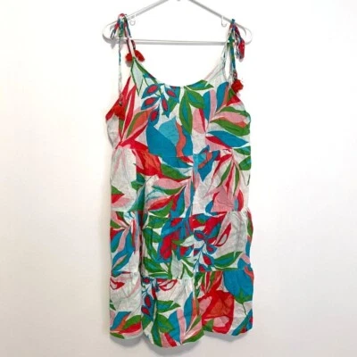 C&C CALIFORNIA White Blue Tropical Lealf Floral Linen Tie Shoulder Dress Large - Image 1 of 4