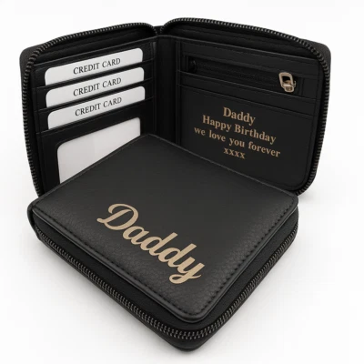 Zip wallet leather wallet engraved zip mens black personalised christmas gift - Image 1 of 4