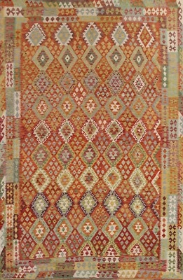 Geometric Reversible Kilim Room Size Area Rug 10'x13' Wool Hand woven Carpet - Image 1 of 4