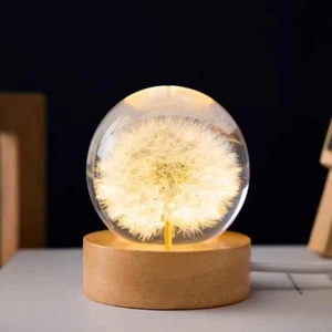 3D Dandelion Crystal Ball Beech Wood Stand Base Flower Sphere Night Light - Picture 1 of 11