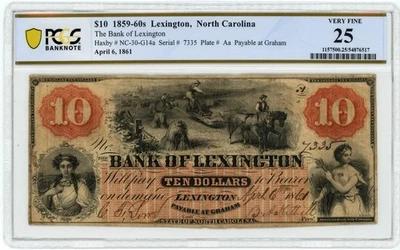 NC-30-G14a $10 1859-60's Lexington, NC Bank Of Lexington VF25 PCGS 950414-53 - Image 1 of 3