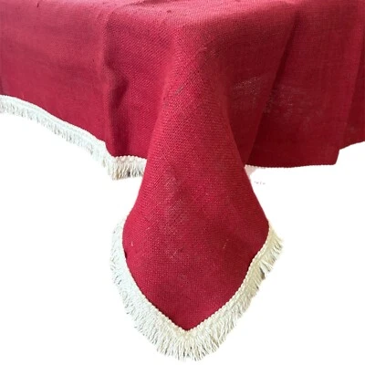 Red Jute Burlap Holiday Tablecloth Brush Fringed Christmas Vtg Cabin Core Rustic - Image 1 of 4
