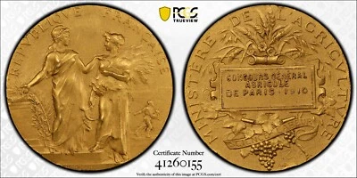 G053 FRANCIA Salón Agrícola Medalla Premio de Oro, 1910. París como nuevo. PCGS UNC Detai Foto 1 de 4