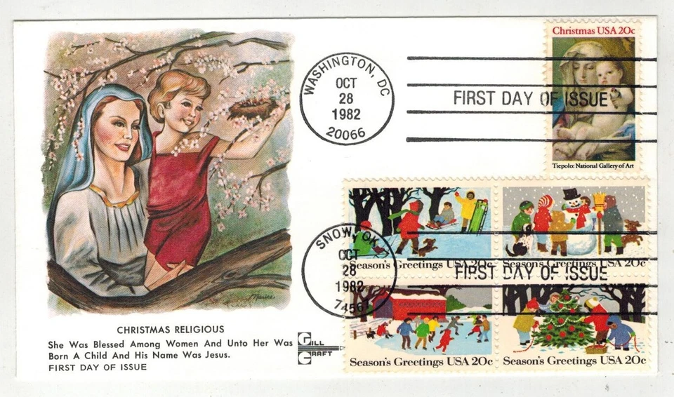1982 CHRISTMAS DUAL FDC SNOW OKLAHOMA & GILLCRAFT FDC 5 DIFF STAMPS - Image 1 of 1