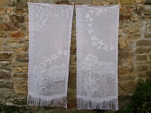French pair white curtains lace motif carriage landscape 24.5'' x 60'' each - Picture 1 of 7