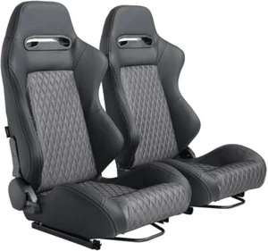 2 Pcs Universal PVC Steel Racing Seats, Dual Sliders, Black w/ Gray Stitching - Picture 1 of 9