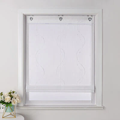 Transparent Raffrollo mit Ösen Bestickt Raffgardine Weiß Küche Gardinen Modern - Bild 1 von 4