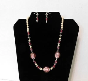Beaded Jewelry Set Necklace 22 Inch Pierced Earrings Pink Glass Beads Silver - Picture 1 of 10