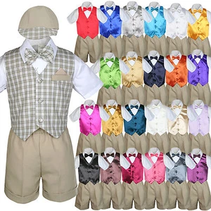 Baby Boy Toddler Formal Khaki Shorts Checkered Suit Extra Vest Bow Tie 7pc Set - Picture 1 of 29