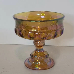 Indiana Glass Compote Kings Crown Thumbprint Pedestal Candy Dish Iridescent Gold - Picture 1 of 5