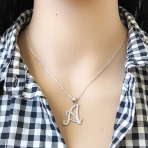 Collar Colgante Personalizado Plata Esterlina Circonio Inicial Todas/cualquier Escritura Letra - Imagen 1 de 35