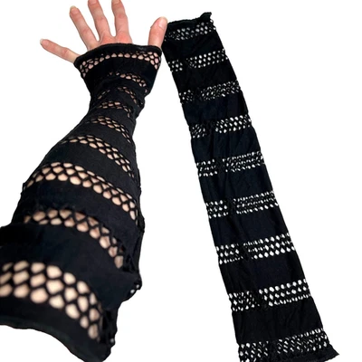 Black Fishnet Arm Warmers Cotton Cyber Goth Fingerless Gloves Cut Out Bandage OS - Image 1 of 4