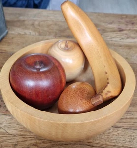 4 VTG Hand Turned Fruit in Sycamore Bowl 2 Apples Lemon Banana (repaired) READ - Picture 1 of 7