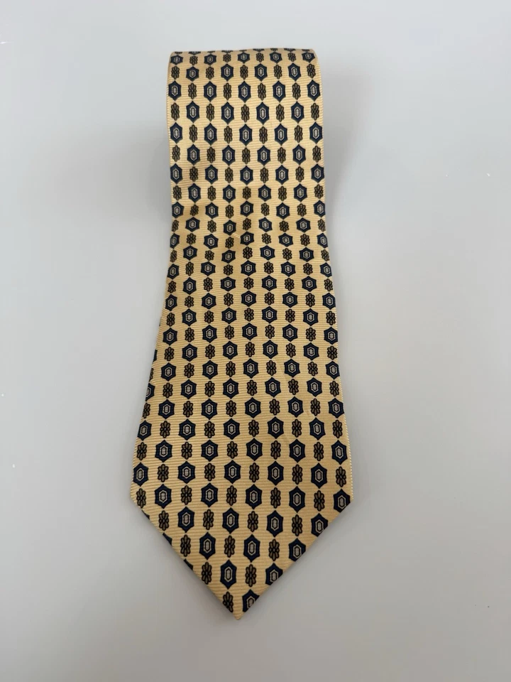 Corbata geométrica Land’s End 100 % seda cosida a mano dorada azul marino hecha en EE. UU. De colección Foto 1 de 3