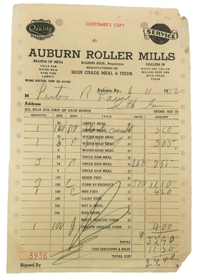 Formulario de factura de recibo de venta de papel Auburn Roller Mills Logan Co Kentucky 1952 Foto 1 de 4