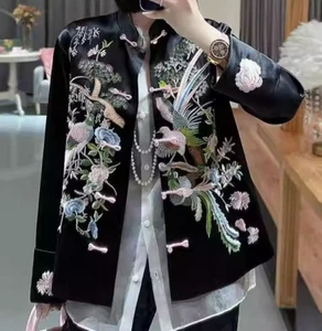 Ethnic Women Embroidered Flower Birds Satin Chinese Style Coat Retro Jacket Tops - Picture 1 of 8