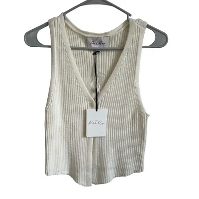 Pink Rose Button Front Tank Top Sleeveless Ribbed Knit Cream Small Y2K 90's NWT - Image 1 of 4