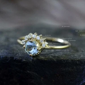 New Solid 14K Yellow Gold Natural Aquamarine Gemstone Solitaire Diamond Ring - Picture 1 of 7