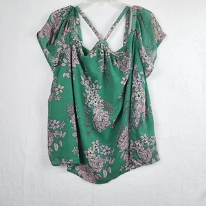 Top de hombro frío tórrido arrugado de gasa floral verde talla 1X forrado brillante - Imagen 1 de 11