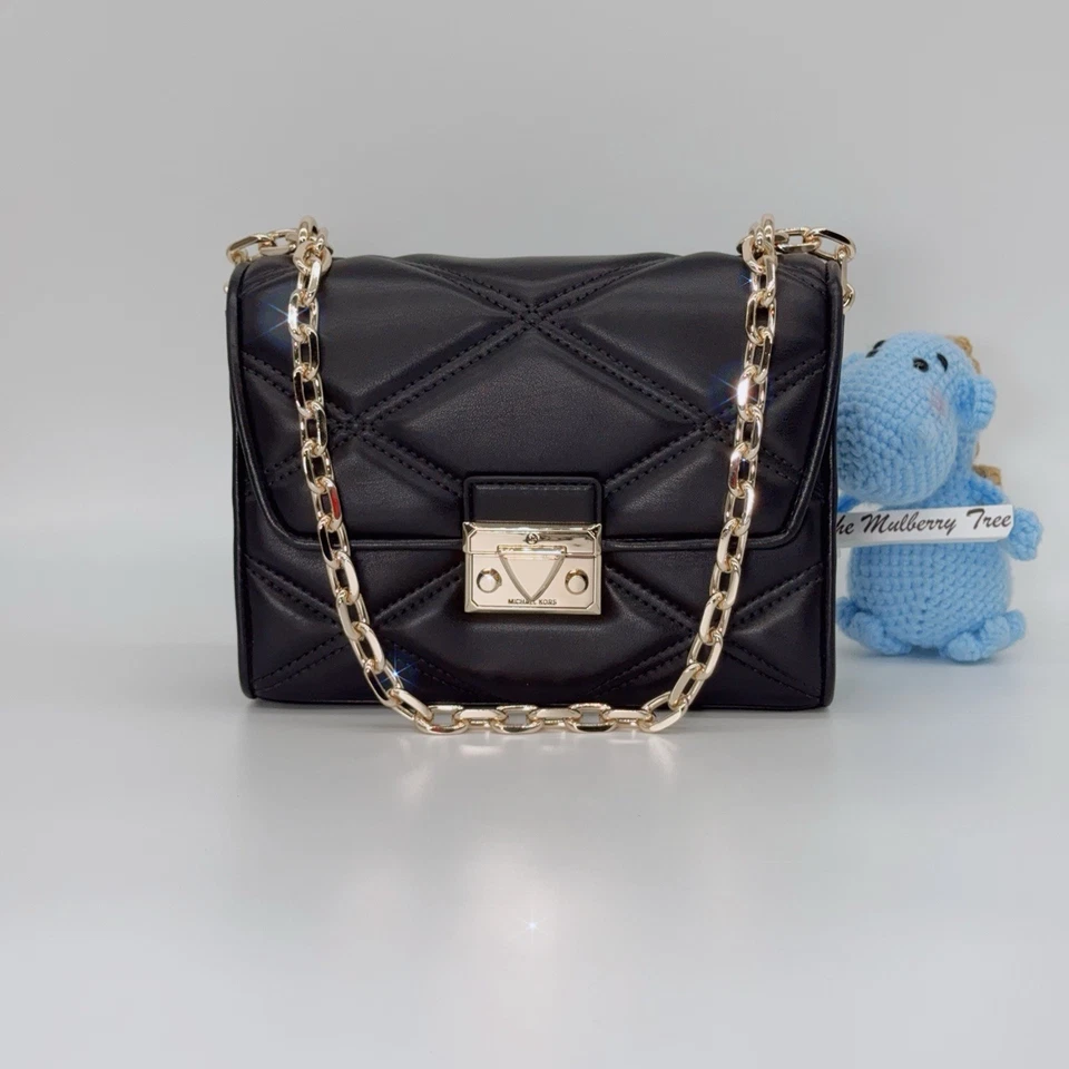 Michael Kors Serena Medium Crossbody Shoulder Bag Black Leather Gold Chain Purse - Image 1 of 4