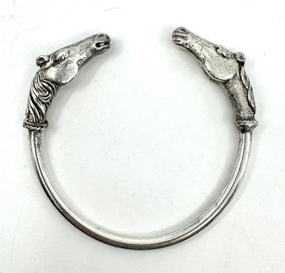 Vintage Silver Plated Double Horse Heads Bangle Cuff Bracelet - Image 1 of 4