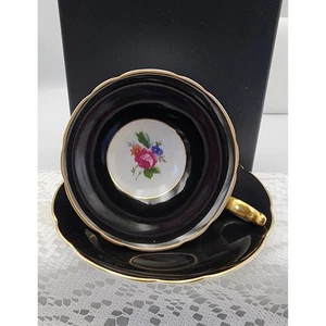 Vintage Royal Bayreuth Black Floral Teacup Saucer Set Germany Gold Trim - Picture 1 of 6