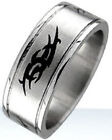 STAINLESS STEEL Polished Ring Band with Abstract Ornament, Grooved Edges, size 9