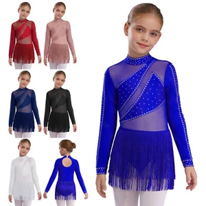 Kids Girls Rompers Competition Unitard Long Sleeve Dress Gymnastic Outfit Show - Picture 1 of 46