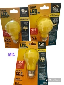Led Bug Light 5W400L A19, by Feit Electric Co, PartNo A19BUGLED, Yellow Lot Of 3 - Picture 1 of 1