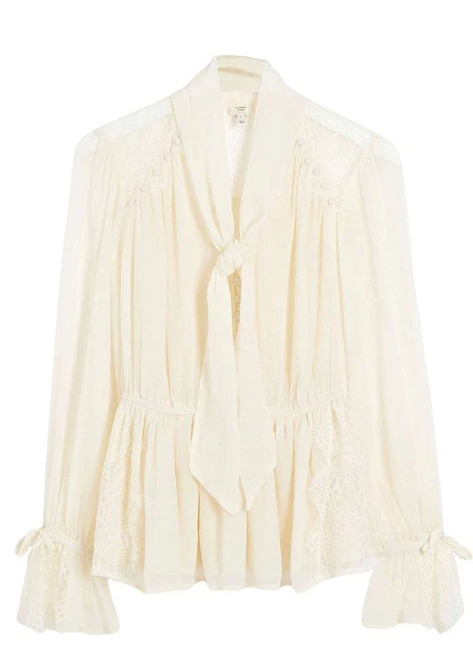 River Island Lace Pussy Bow Blouse Ivory Cream Covered Buttons Peplum - Image 1 of 4