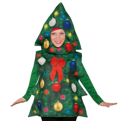 Christmas Tree Costume Adult Printed Top Attached Headpiece Novelty Xmas Party - image 1 of 4