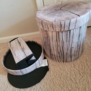 2 Sorbus Storage Tree Stump Trunk Log Print Ottoman 15" w/Lid Gray Foldable NICE - Picture 1 of 15