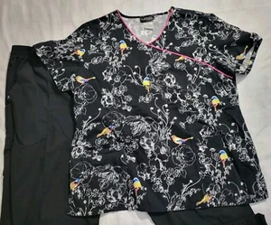 Scrubs Pair Runway by Cherokee Top XL Birds Floral B&W- Pants V Life Black XLT - Picture 1 of 18