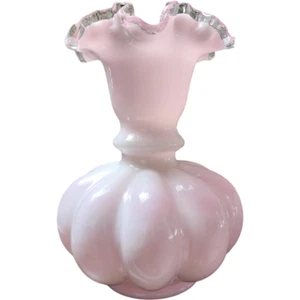 Fenton Art Glas Pfirsich Rosa Weiß Silber Wappen Rüschen Melone Große Vase - Bild 1 von 5