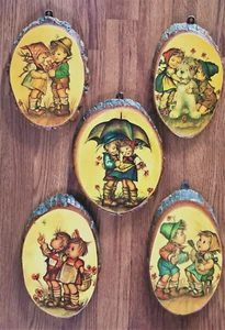 5 Vintage Americana Wood Plaque Wall Art Hummel Style Kids Raw Bark Edge - Picture 1 of 12