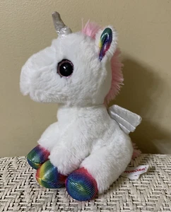 AURORA PELUCHE UNICORNIO BLANCO 7" Alas Plateadas Arco Iris Brillo Cascos Ojos Grandes - Imagen 1 de 11