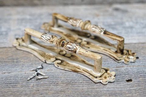 2 Handles Cabinet Pulls Door Handle Cream Shade Large Hardware Vintage Rustic Cover