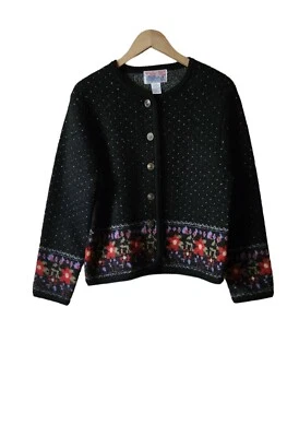 Tally Ho Creation Black Floral Wool Cardigan Sweater Vintage Size-M - Image 1 of 3