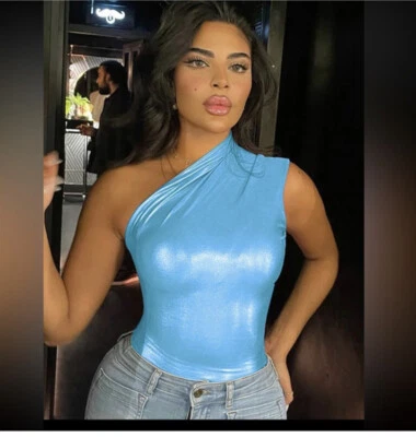 Blue Metallic Faux Leather One-Shoulder Bodysuit - Size 4/6 - Image 1 of 2