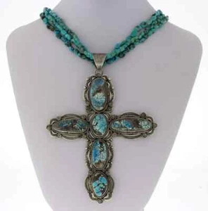 High Grade Natural Lone Mountain Turquoise Cross Necklace By Ella M. Linkin - Picture 1 of 4