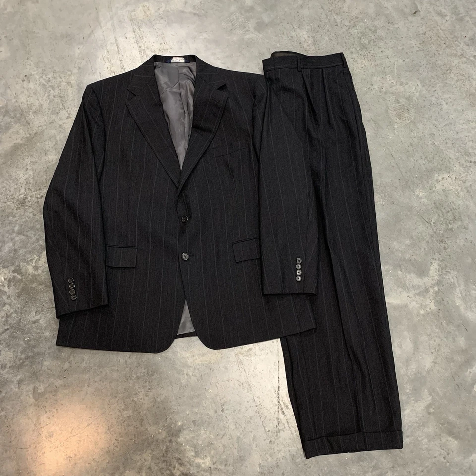 Vintage Polo Ralph Lauren 2PC Suit Size 44 38 Black Striped Wool USA Cuff Mens - Image 1 of 4